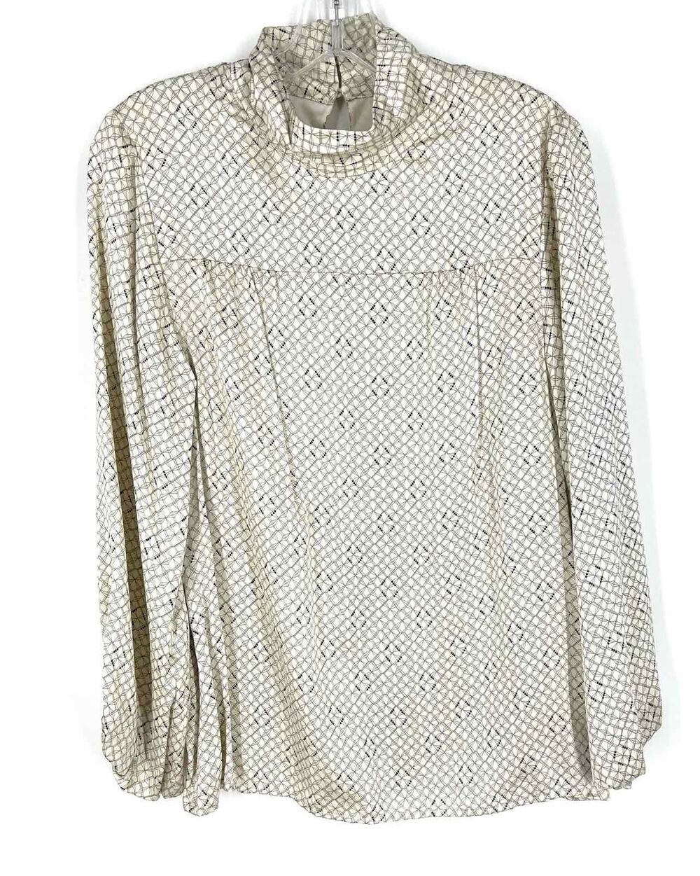 Pendleton Size 8 Ivory/Gray Geometric Silk Designer Top-Long Sleeve